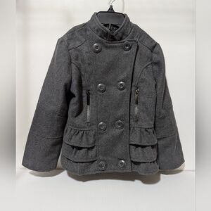 Yoki New York | 3 Toddler Gray Double-Breasted Wool Blend Pea Coat With Ruffles